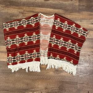 Mauve Women Boho Aztec Print Poncho Kimono Fringe Western See Measurements READ